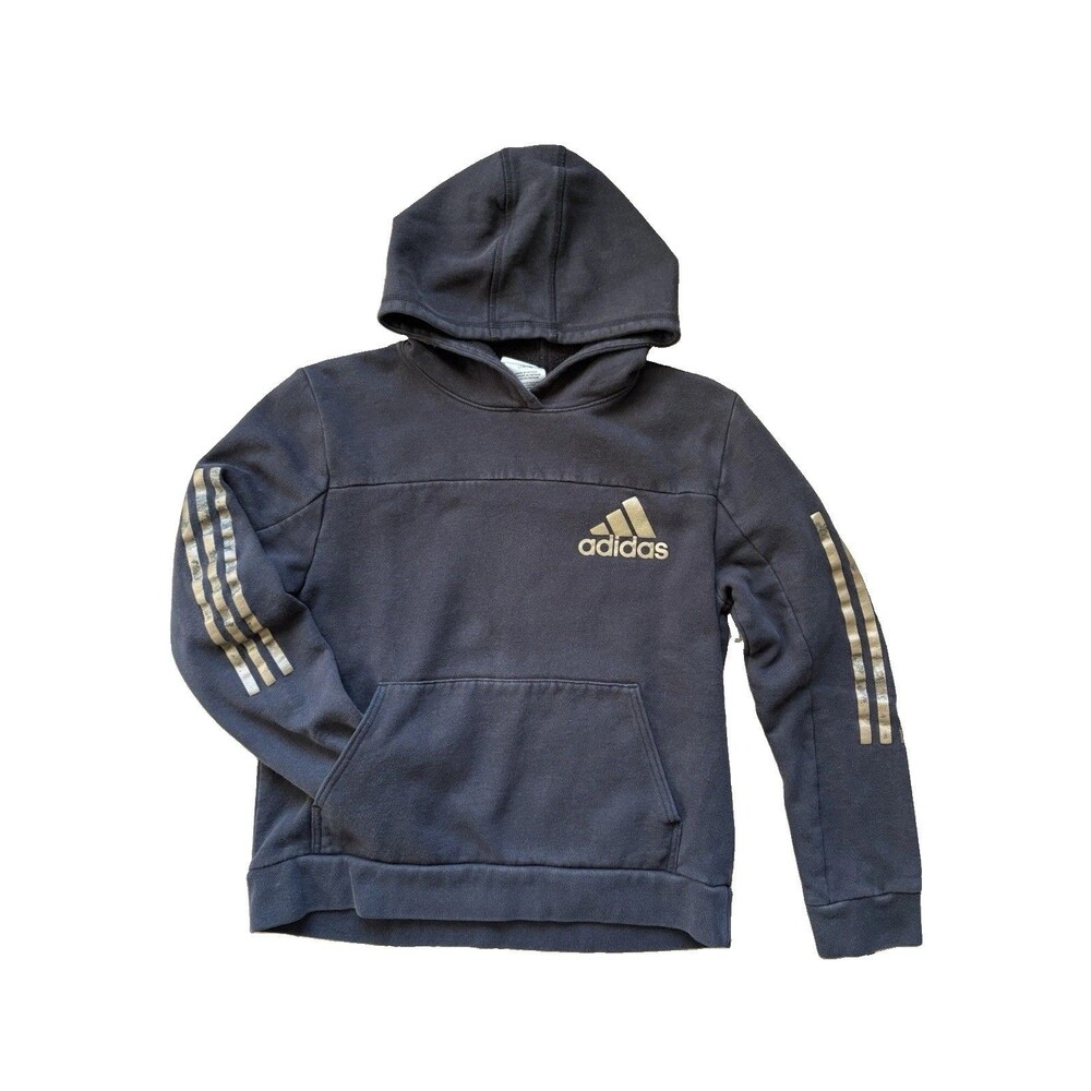 adidas Boys Black/Gold Logo Fleece Pullover Hoodie w/Pockets L 14/16